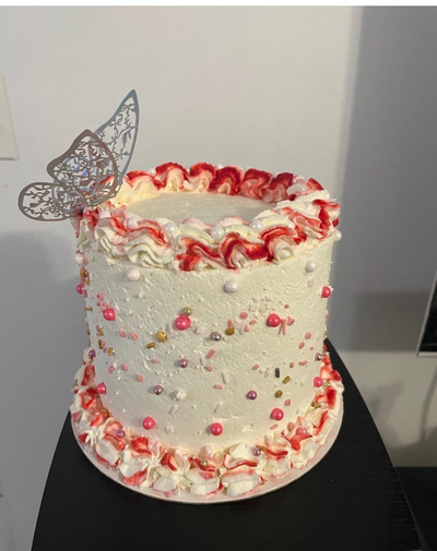 Pearl & Red Swirl Cake with Butterfly Accent